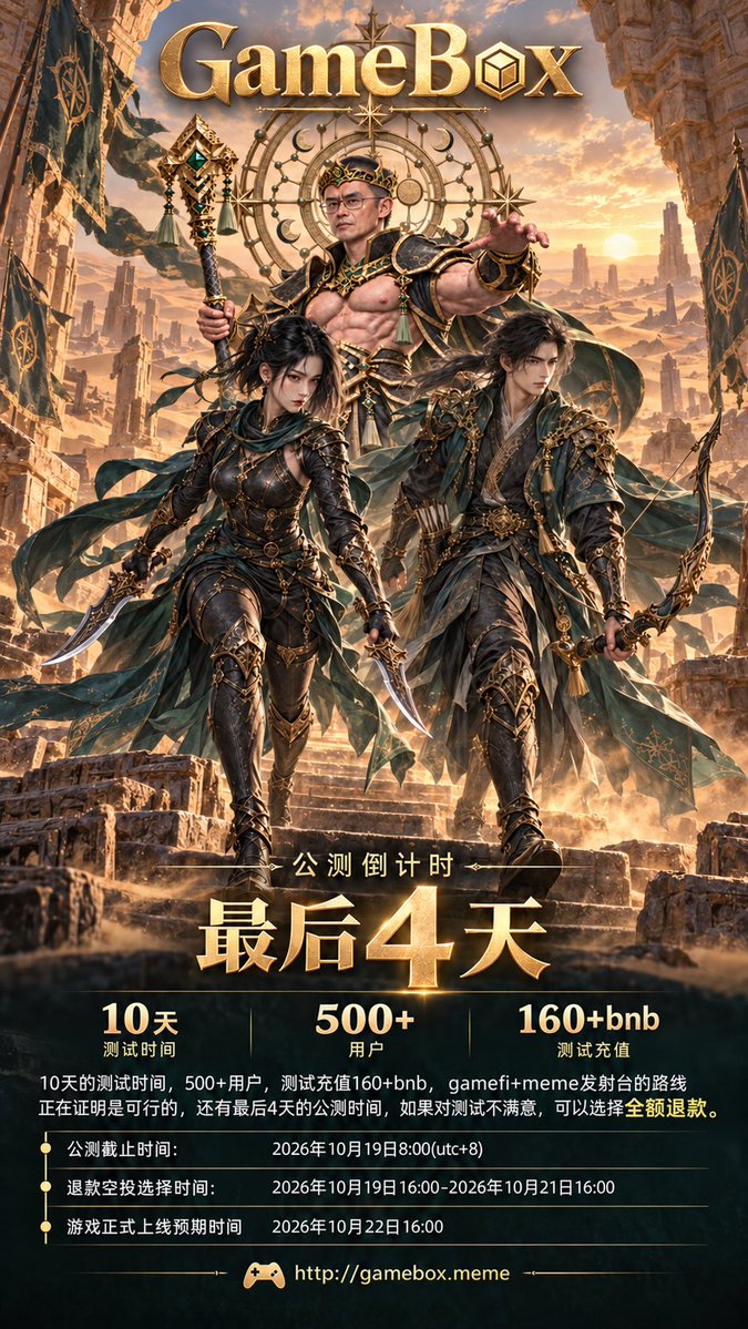 Gameboxintj's tweet photo. 10天的测试时间，
500+用户，
测试充值超过160+bnb，
gamefi+meme发射台的路线正在证明是可行的，还有最后4天的公测时间，如果对测试不满意，可以选择全额退款。                                           
公测截止时间:2026年10月19日8:00(utc+8)
退款空投选择时间:2026年10月19日16:00-2026年10月21日16:00
游戏正式上线预期时间2026年10月22日16:00                                                                                     🎮 https://t.co/zE3jlLMMcp