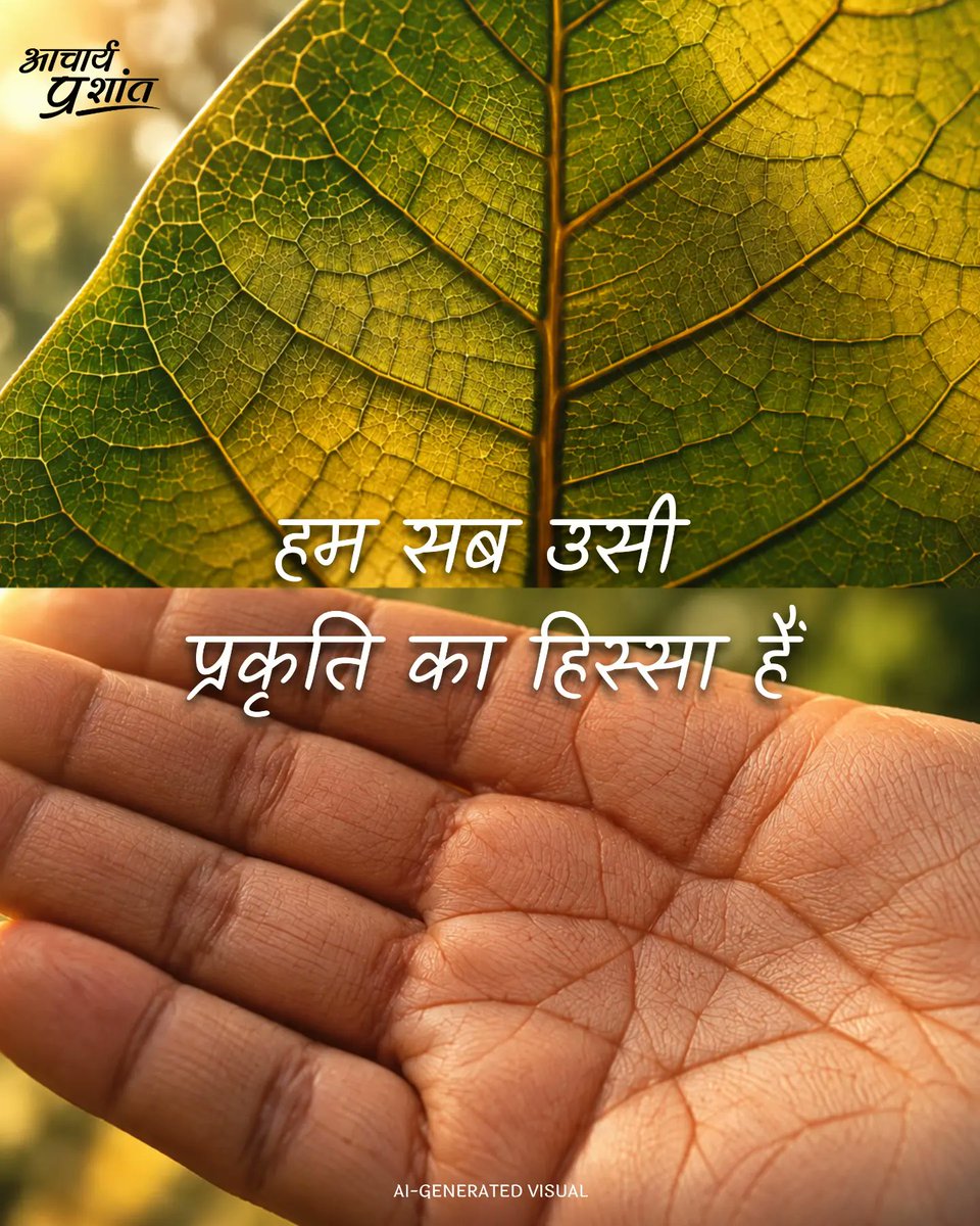 Advait_Prashant's tweet photo. आधुनिक मनुष्य की बड़ी समस्या ये है कि उसको अस्तित्व दुश्मन जैसा लगता है

वो कहता है ‘Man versus Nature’, प्रकृति हमारी दुश्मन है

अब इसको मार-काटकर के अपने अधीन करना है

Man जितना stressed out है, उतना कोई species नहीं होती, क्योंकि हमें लगता है ‘we are in enemy territory’

पर ये Model हमें खूब बताया गया है और सब धर्मों द्वारा बताया गया है कि बेटा! ये पृथ्वी तो एक सराय है, एक Hotel है

जिस दिन पैदा होते हो, Check-in करते हो, फिर यहाँ मौज मारो और एक दिन यहाँ से Check-out करके निकल लोगे

अगर ये Model है, तो फिर इस Model में वही सबकुछ होगा जो होटलों में होता है

आप इसी ज़मीन से आए हो, आप ये ज़मीन ही हो। आप इस ज़मीन से अलग नहीं हो, आप इसकी अभिव्यक्ति हो

आप जिसकी अभिव्यक्ति हो, वो आपका दुश्मन कैसे हो सकता है?

किसी ईश्वर पर श्रद्धा करने की ज़रूरत नहीं है, तुम प्रकृति पर विश्वास कर लो, इतना काफ़ी है।

~ आचार्य प्रशांत