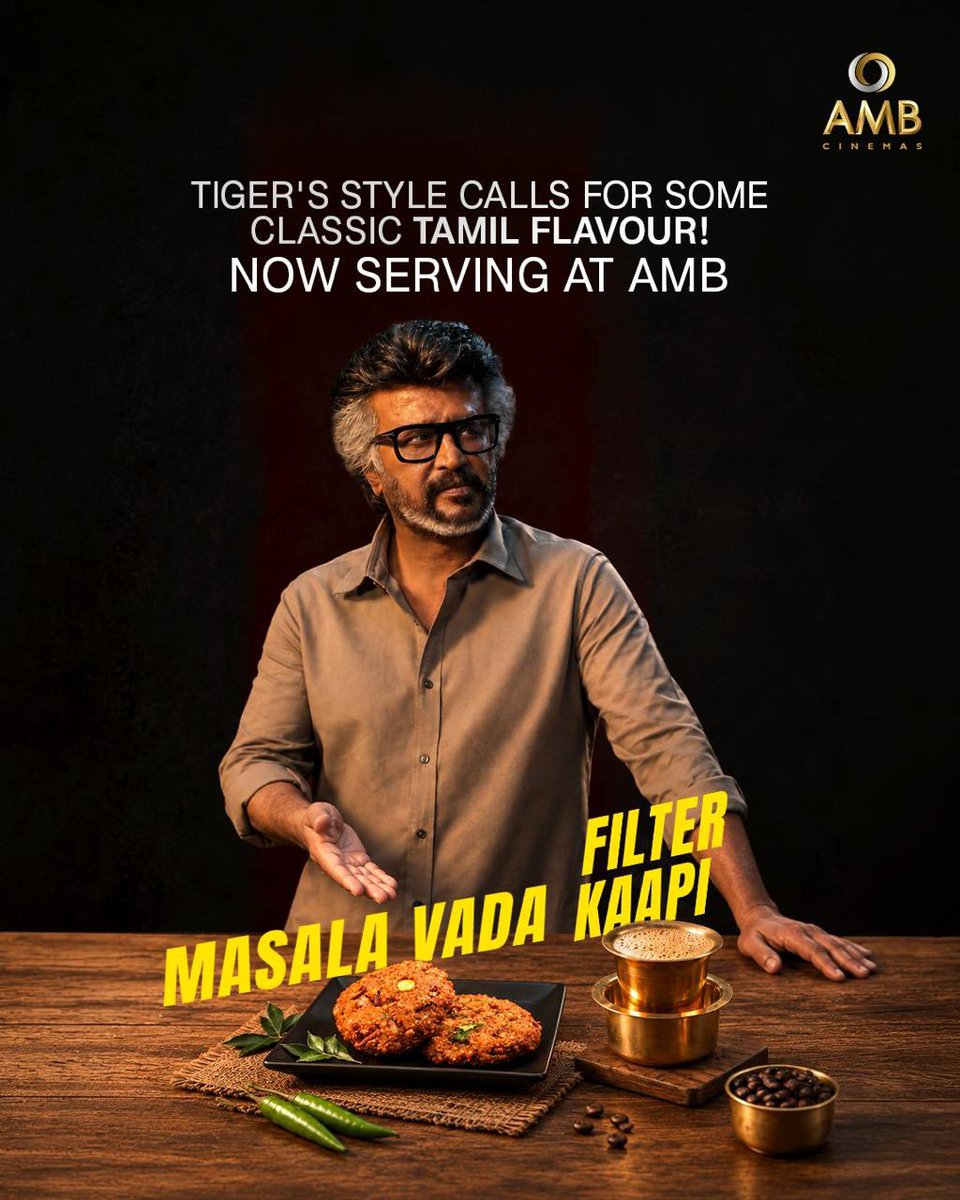 amb_cinemas's tweet photo. Celebrate the flavours of Tamil Nadu alongside the Tiger's return. Get your filter kaapi and masala vada when you catch Jailer 2 at AMB! 🐯

#Jailer2 #Jailer2SpecialMenu #FilterCoffee #MasalaVada https://t.co/jXJjxWKsxR