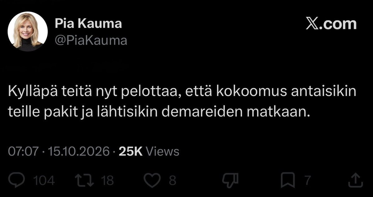 SebastianTyne's tweet photo. Itse asiassa kyllä, meitä ihan oikeasti pelottaa, että te kokoomuksessa valitsisitte yhteistyön mielummin sosialistien, kuin oikeistopuolueen kanssa.

Näitä signaaleja teiltä on alkanut tulla yhä enemmän, kirjoittamasi mukaan lukien.

Meille politiikka ei ole mikään hiekkalaatikkoleikki, jossa lällätellään, vaan teemme yhteistyötä niiden kanssa, joiden kanssa voimme edistää tavoitteitamme.

Haluamme uudistaa työmarkkinoita, leikata paisuneesta julkisesta rahan käytöstä, taklata velkaa, kiristää maahanmuuttoa, parantaa turvallisuutta, helpottaa autoilijoita ja järkevöittää ilmastopolitiikkaa.

Näitä tavoitteita teidän on täysin mahdotonta edistää sosialistien kanssa.