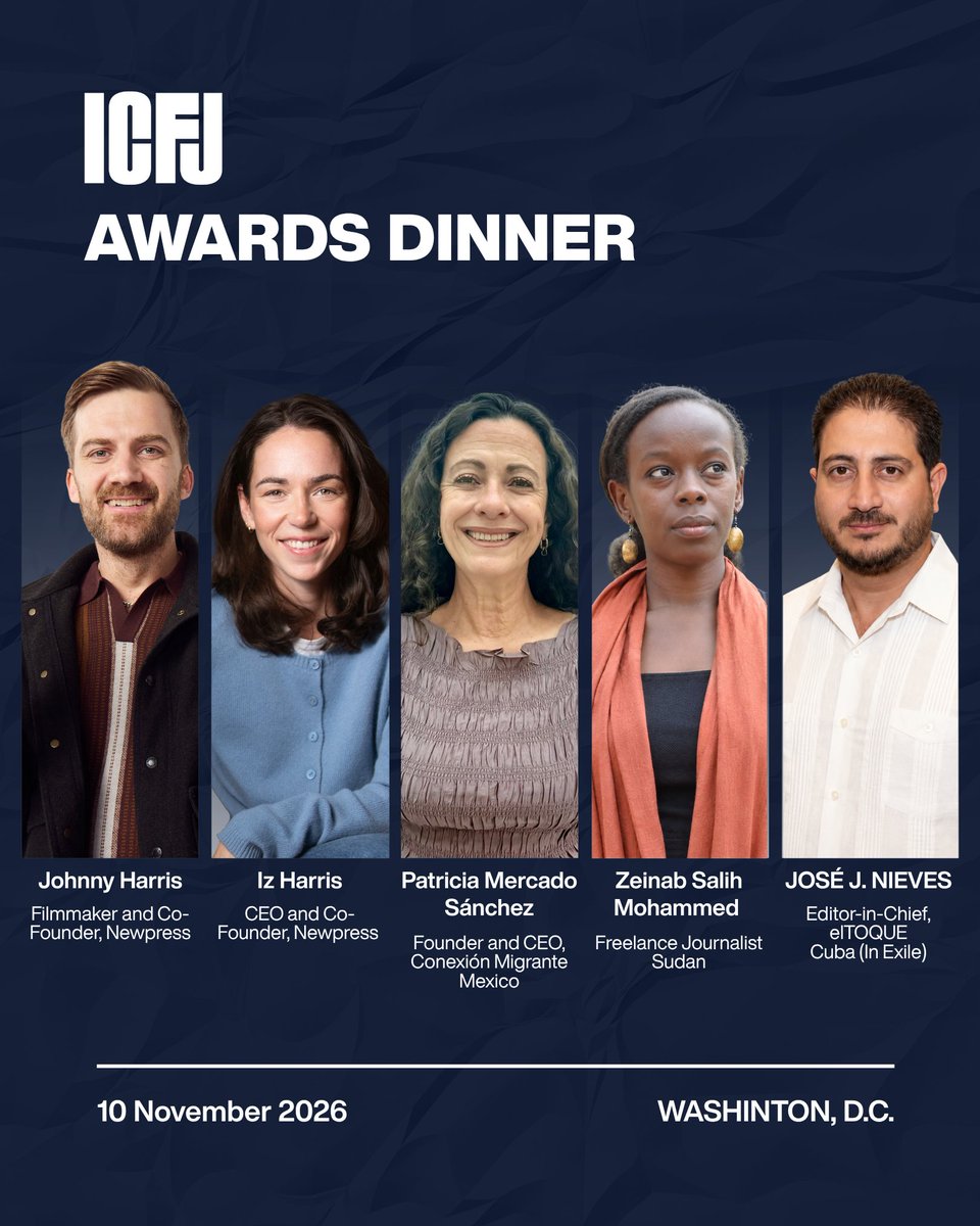 ICFJ's tweet photo. The ICFJ Founders Award recognizes a commitment to the highest standards of journalism and to the profession’s essential role in exposing, investigating, and articulating the issues that matter to citizens.

Johnny and Iz Harris embody those values. Their work also represents the kind of public-interest journalism that ICFJ, @Code4Africa, the @ejcnet, and @heyproto  support through Plus.

Join us in Washington, D.C., on Nov. 10 as we present Johnny and Iz with the 2026 ICFJ Founders Award.

🌟 Get your ticket: https://t.co/pcm3fdN9lb