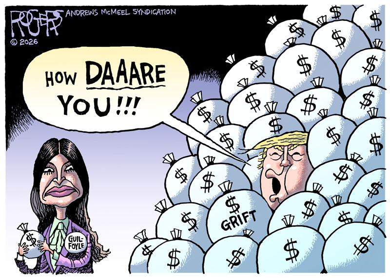 Rob_Rogers's tweet photo. Trump's ambassador to Greece (and former fiancee to his son), Kimberly Guilfoyle, was involved in a level of corruption that is minuscule in comparison to the crimes by Trump and his family. https://t.co/Cx9xEALLNo https://t.co/AY9mDuMqH9