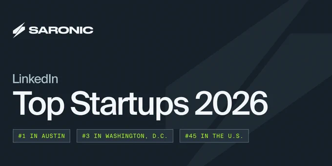 Saronic logo and text: "LinkedIn Top Startups 2026." Highlighted rankings: "#1 in Austin," "#3 in Washington, D.C.," "#45 in the U.S.