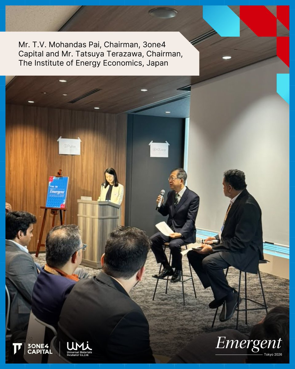 3one4Capital's tweet photo. Since its inception, 3one4 Capital’s Emergent programme has functioned as an immersive platform connecting select portfolio companies directly with market-leading institutions. 

Emergent Japan 2026 brought a curated cohort of seven portfolio companies into four days of structured commercial engagement across Tokyo and Hamamatsu. 

Running from 13 to 16 October 2026, the programme facilitated three days of targeted one-on-one meetings aligning portfolio capabilities with the strategic priorities of over 80 Japanese corporate partners, CIOs, and institutional allocators.

Co-hosted alongside Universal Materials Incubator (UMI) at Kudan Kaikan Terrace in Tokyo, the flagship Emergent India Reception convened more than 100 Japanese corporate leaders, innovation heads, and capital partners. 

@Pai_dPiper, Managing Partner and Chief Investment Officer at 3one4 Capital, opened the afternoon with a keynote mapping India’s expanding technological and industrial capabilities. 

Dr. Shosuke Kiba, CEO and Managing Partner at Universal Materials Incubator, outlined bilateral collaboration models, preceding a fireside discussion titled "India–Japan: Building the Next Industrial Corridor" between Tatsuya Terazawa, Chairman of the Institute of Energy Economics, Japan, and @TVMohandasPai, Chairman of 3one4 Capital. (1/4)