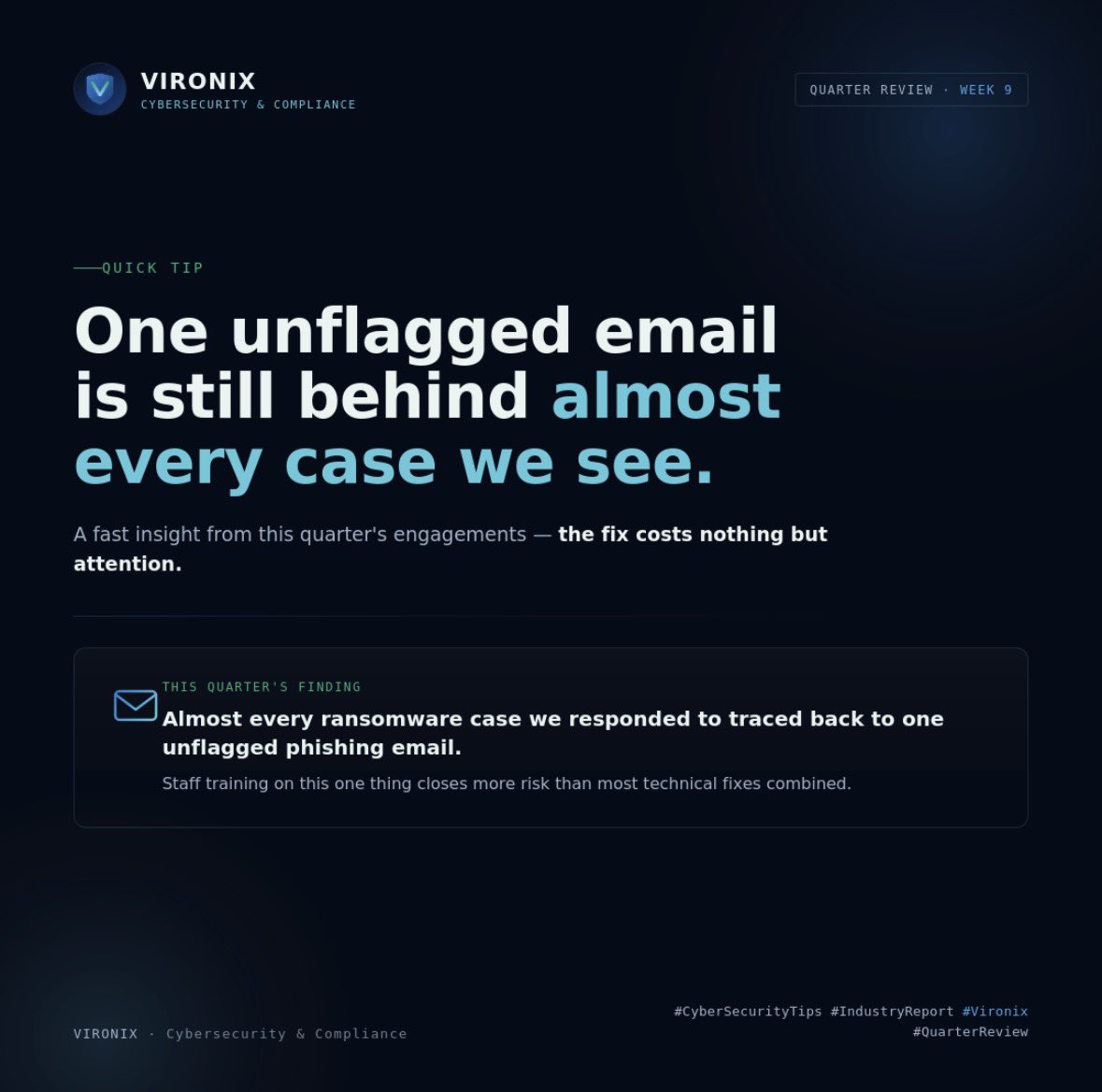 vironixng's tweet photo. Quick tip from this quarter's engagements: almost every ransomware case we responded to traced back to one unflagged phishing email. 📧
Staff training on this one thing closes more risk than most technical fixes combined.
#CyberSecurityTips #Vironix #cybersecurityawarenessmonth https://t.co/3QemyX8gI2