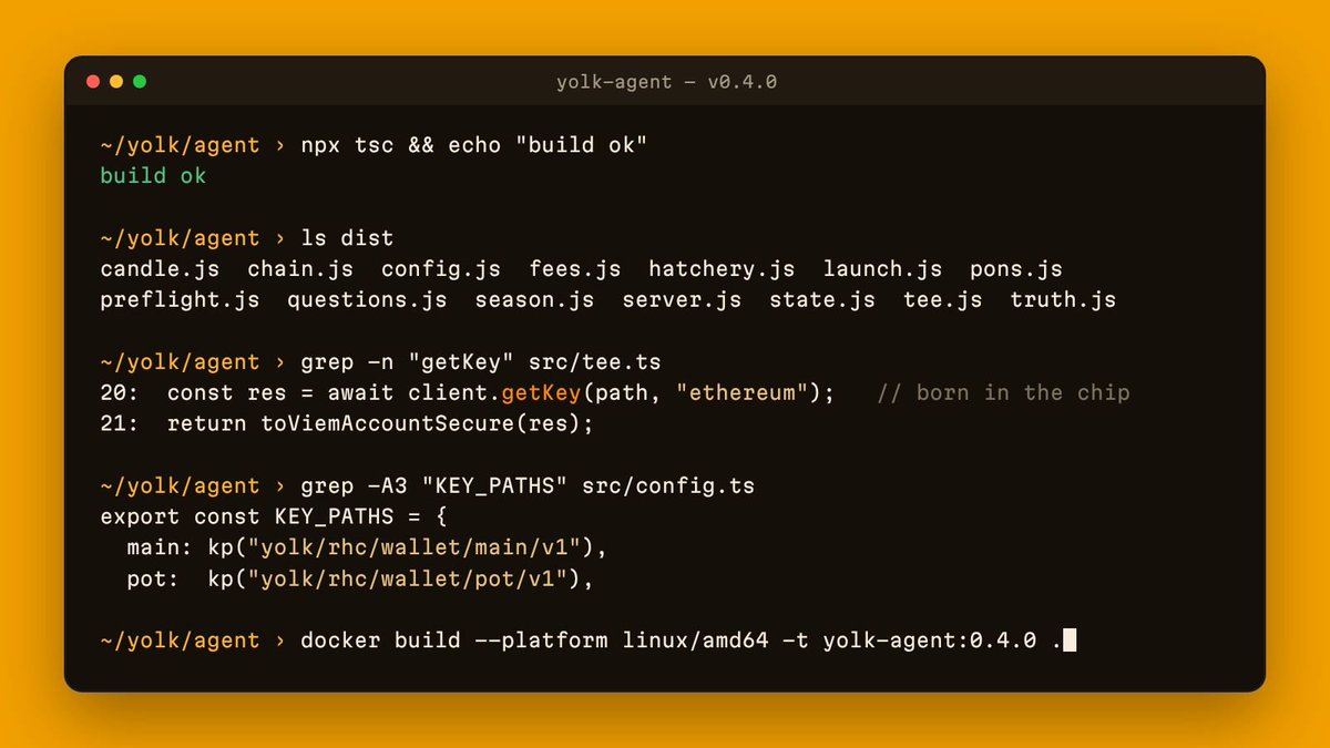 yolkRH's tweet photo. Agent build is green ✅🥚

14 modules compiled. The wallet key gets born inside the chip with one call: getKey().

Next: Docker image → test-coin rehearsal → the handoff.

$YOLK is getting its shell. https://t.co/oVdyeFe0Mp