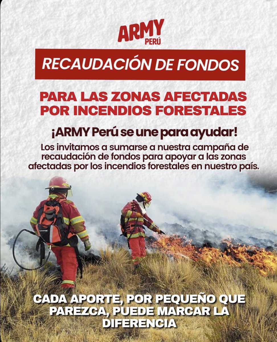 btsarmy_peru's tweet photo. 💜🌳 ¡ARMY, CUSCO NOS NECESITA! ¡Vamos recaudando S/. 7,500.86! 🫶🏻

Ante los incendios forestales que vienen afectando a nuestra región de Cusco, desde ARMY Perú queremos volver a unirnos para ayudar a las comunidades y a los animales afectados por esta difícil situación. 🥺💜

En 2024, gracias a la solidaridad de nuestra comunidad, logramos recaudar S/ 10,000, que fueron donados a dos organizaciones. ¡Nuestra meta es recaudar ello nuevamente!

Cada aporte, por pequeño que sea, suma y puede marcar una diferencia. No importa la cantidad, sino las ganas de ayudar a quienes hoy más lo necesitan. 💜

📌 IMPORTANTE: Si realizas una donación, recuerda completar el formulario que encontrarás en el enlace de nuestra biografía o en nuestras historias destacadas. Esto nos ayudará a llevar un registro adecuado de los aportes recibidos.

🔗 https://t.co/cmy3KZLDoE

#ARMYPerú #CuscoNosNecesita #AyudaCusco #JuntosPorCusco #BTS