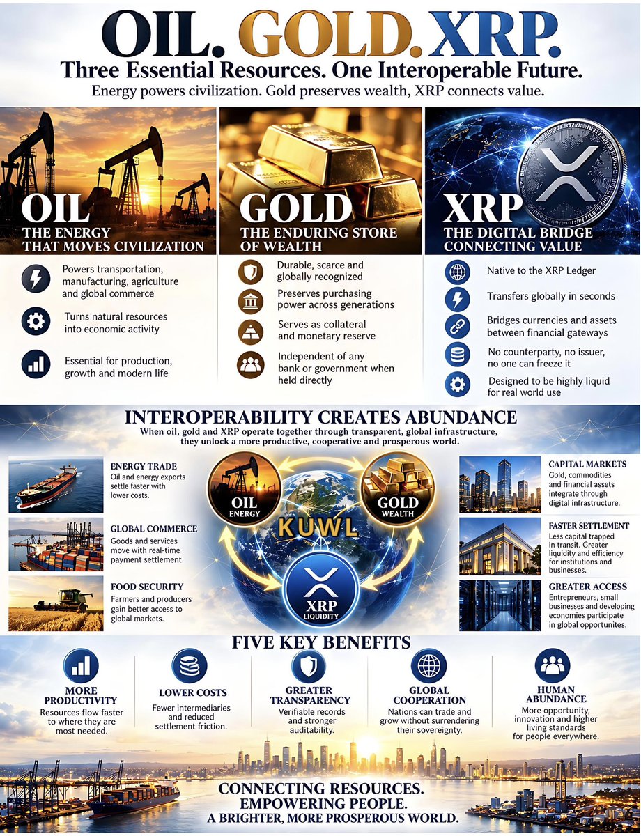 KuwlShow's tweet photo. Oil • Gold • XRP | 2026 + Beyond

Observable actions.
Common economic interests. Technological convergence.
Logically discernible outcomes. Decisions implemented in plain sight.

There is strong, evidence-based infrastructure in place showing the convergence of energy, stores of wealth and interoperable digital liquidity is a natural and increasingly deliberate direction of global financial modernization.

Consider the observable progression:

1. Energy remains foundational to economic production. Nations require reliable energy to manufacture, transport, cultivate, construct and operate modern civilization.

2. Gold remains a globally recognized, Tier 1 reserve asset. Central banks, governments and private institutions continue to hold gold, while digital tokenization creates new methods for representing and mobilizing ownership and utility.

3. Financial institutions are actively modernizing settlement infrastructure. The BIS, Swift, US Treasury, central banks, commercial banks and private financial technology companies are investing in tokenization, interoperability, programmable transactions and improved collateral mobility.

4. Ripple, XRP and ILP provide a vast existing technical pathway. XRP can function as a native bridge asset connecting different currencies, commodities and markets, while the XRPL supports tokenized representations of real-world value.

5. These developments address complementary economic requirements. 
• Energy enables production; 
• Reserves and collateral support financial confidence; 
• Digital liquidity facilitates exchange.

6. Their integration creates reinforcing benefits. Faster settlement can reduce idle capital, more mobile collateral can improve financing efficiency, and interoperable markets can broaden participation in international commerce.

None of those propositions requires an assumption about concealed intentions.

They arise from documented capabilities, institutional investments and recognizable economic incentives.

The Critical Distinction: Convergence Does Not Require Uniformity

Oil, Gold and XRP need not be formally designated as a monetary trilogy to become economically interconnected.

They need only participate in an increasingly interoperable global marketplace. And they do. 

The Logical Deduction 

As the world’s financial infrastructure becomes capable of representing, collateralizing, exchanging and settling virtually every legitimate form of value, the connections between energy (oil), reserve wealth (gold) and digital liquidity (XRP) become increasingly practical and economically attractive.

That does not mean every transaction must use XRP. It means XRP has a uniquely identifiable opportunity to serve as the key liquidity instrument within that interconnected system.

The 3 “How” Questions 
 
1 How much of this new world opportunity XRP captures
2 How deeply institutions integrate it, and 
3 How much economic value those uses generate

The Larger Human Outcome

This central thesis extends beyond technology and finance.

A world with greater interoperability replaces a large amount of unnecessary financial friction with productive economic cooperation.

Greater transparency absolutely strengthens accountability.

Greater collateral mobility releases massive amounts of capital for productive investment.

Greater access to markets can expand entrepreneurship.

And more efficient exchanges of energy, commodities, financial assets and human labor support rising prosperity.

The conclusion is not that the entire outcome is predetermined. It is that the underlying architecture, economic incentives and technological capabilities are visibly converging toward an extraordinary opportunity.

The foundation of our new monetary infrastructure maximizes global trust through transparency, accountability, sovereignty and the verification of honest weights and measures.

Nothing can stop the emergence of our new monetary system designed to unlock abundance.

@Ripple