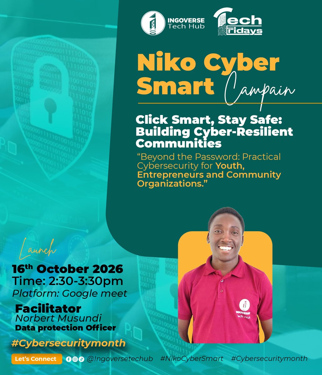 IngoverseTech's tweet photo. Beyond the password: Are you truly cyber-smart?
Join Ingoverse Tech Hub for the launch of the Niko Cyber Smart Campaign! Facilitated by DPO Norbert Musundi.
#NikoCyberSmart #Cybersecuritymonth #IngoverseTechHub https://t.co/QP1vyxsD2W