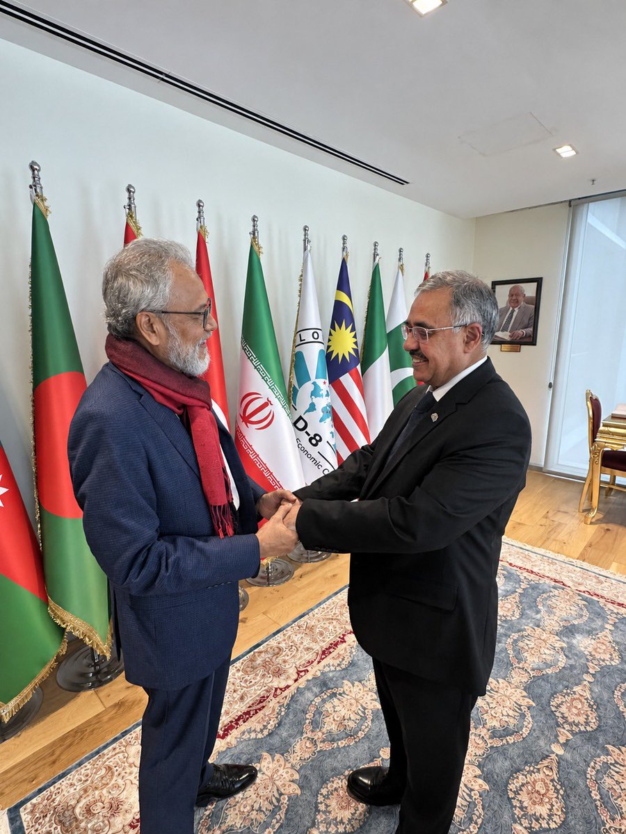 D8SecGen's tweet photo. Delighted to receive H.E. Dato’ Ku Jaafar Ku Shaari, former D-8 Secretary-General and Chairman of Al-Hidayah Group, along with his delegation at the D-8 Secretariat in Istanbul.

Together, we reviewed progress under the Memorandum of Cooperation signed in July 2023, particularly the proposed economic model and integrated digital platform aimed at facilitating cross-border trade and investment, enhancing SME market access, promoting financial inclusion and mobilizing resources for productive economic activities.

The delegation highlighted the model’s potential to stimulate economic activity, contribute to higher GDP growth, and support sustainable development across D-8 Member States.

I appreciated the Group’s initiative and their update on its further development – emphasizing the desirability of practical, commercially-viable and inclusive platforms aligned with D-8 priorities. Also emphasized the importance of close consultations with relevant stakeholders in Member States for next steps and path forward.

#D8 #EconomicCooperation #DigitalEconomy
