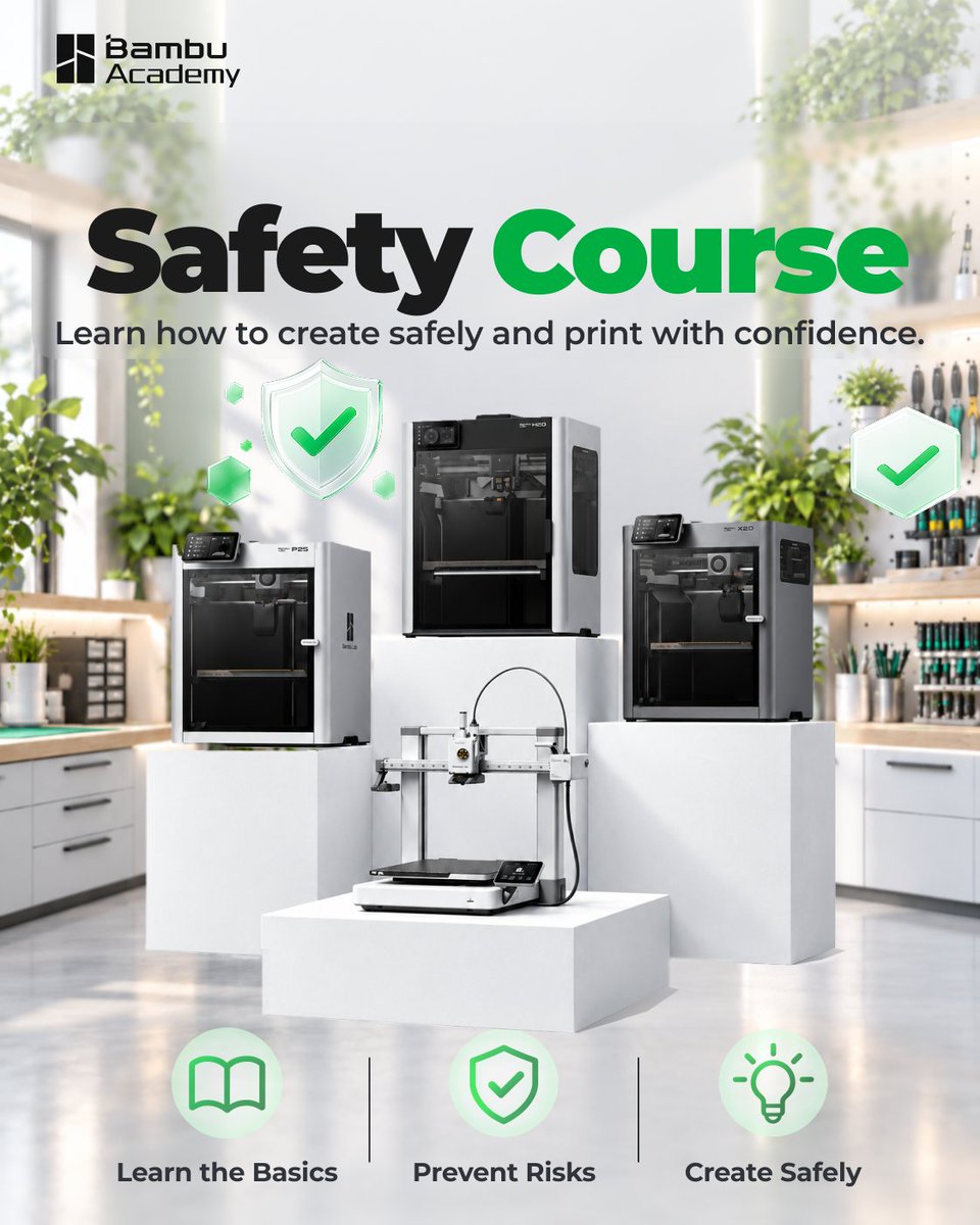 BambuLabSupport's tweet photo. Our new Printer Safety Course is now live on Bambu Lab Academy!

Learn about physical and electrical safety, filament handling, environmental risks, laser safety, and information security to ensure your experience is safe and secure.

Check it out: https://t.co/Ui7fnVCHP1 https://t.co/aJ0JJdjSJ1