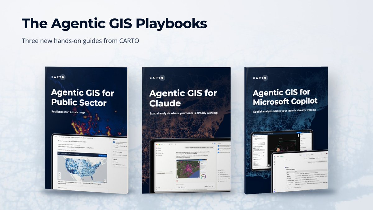 CARTO's tweet photo. Put Agentic GIS to work. 💪

Our new playbook series is here, with a guide for public sector teams and dedicated editions for working with Claude and Copilot.

Public Sector: https://t.co/gwIs3KvdT2
Claude: https://t.co/6744yvlM0E
Copilot: https://t.co/E1qW6YkBvW https://t.co/ZrYhjhG2uM