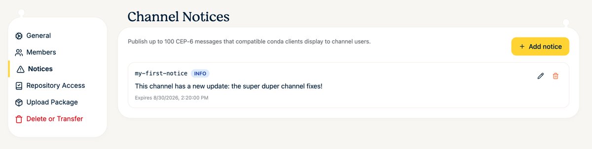 prefix_dev's tweet photo. You can now publish "Channel Notices" on prefix - tell your users what's new in your channel! These will be shown in the channel overview, and in Conda, Pixi and other tools. https://t.co/kvf3tcEKYn