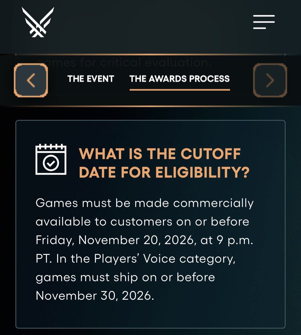 shinobi602's tweet photo. Grand Theft Auto 6 will be eligible for awards at The Game Awards this year as the cutoff date is November 20

#GTA6 #TheGameAwards https://t.co/iHZhyOMxat