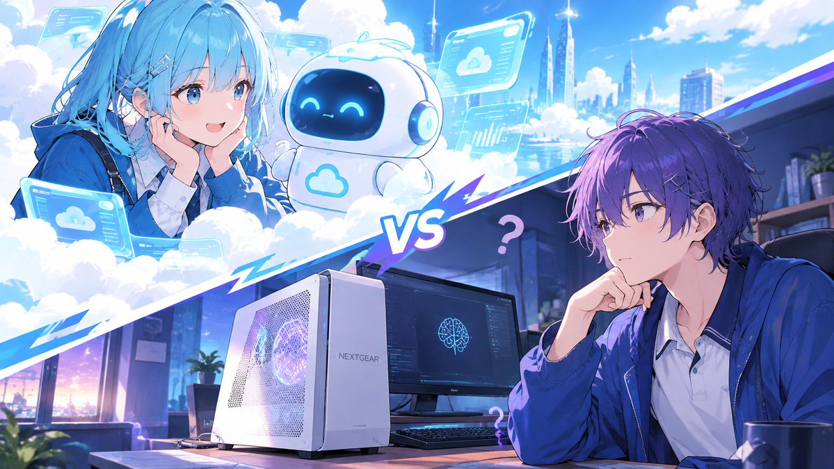 AT03wisdom's tweet photo. ○ ○ ○ ⚬ーシリーズでクラウドAIとローカルAIどっちがいいか比較絵図（gpt生成）的なのを作ろうとしたら、横着して何も特別なオーダーいれなかったので、君の名はみたいになった（違）
何とは言わないけど全然似てない https://t.co/RqThWoiceK