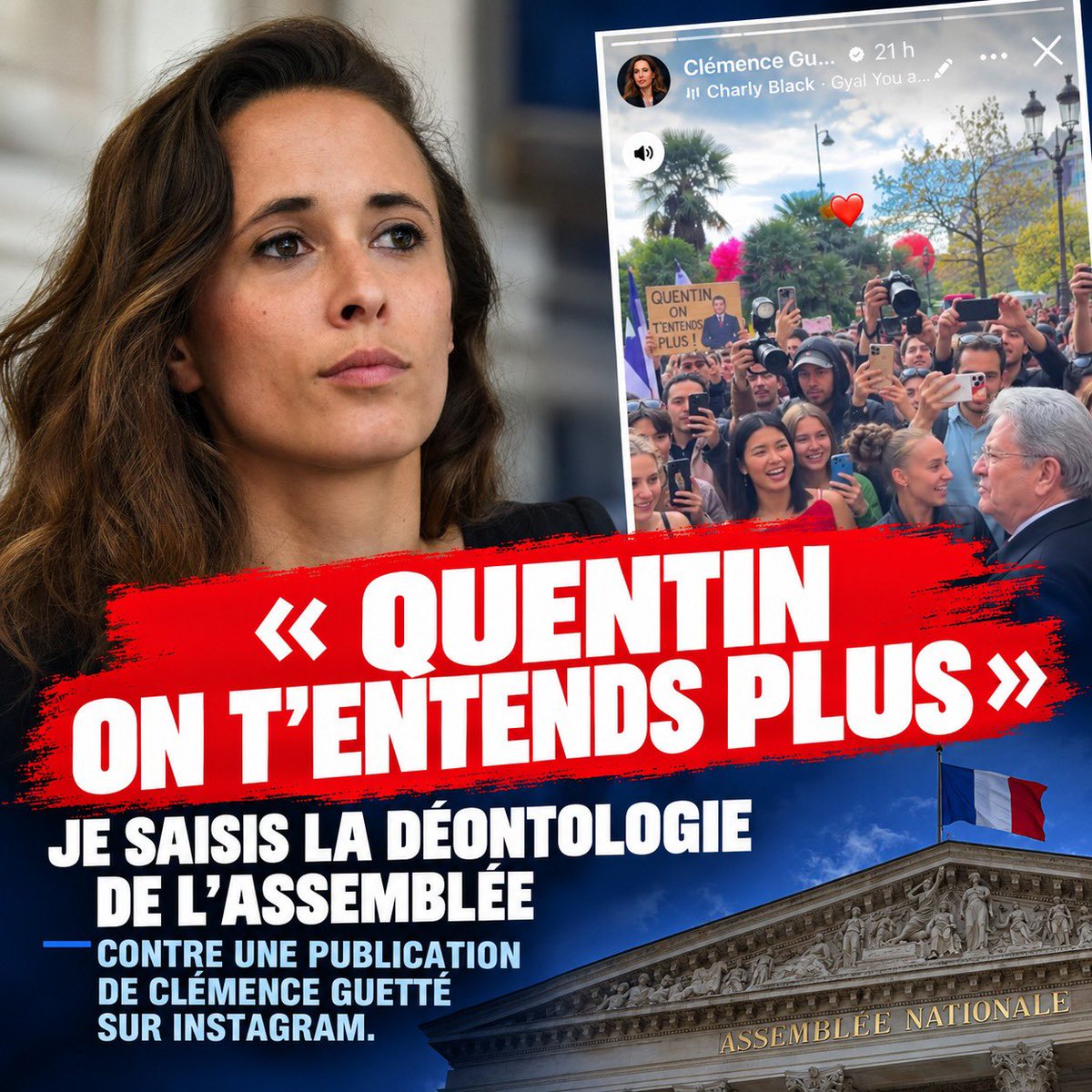 Guillaume_Bigot's tweet photo. 🚨 « Quentin, on t’entends plus ! »

Cette pancarte se moquant de la mort de Quentin Deranque apparaît dans une publication de Clémence Guetté, vice-présidente de l’Assemblée nationale.

C’est indigne.

Je saisis les instances déontologiques.
#DirectAN https://t.co/oCcWymlNQH