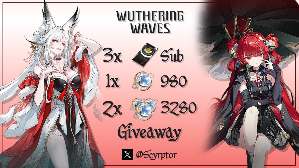 Scyrptor's tweet photo. Wuthering Waves v3.7 Giveaway;

- RT and Like
- Follow me @Scyrptor and @Slugy_Cs 
- Comment which character you find the most attractive

–> 3x Lunite Subscription
–> 1x 980 Lunite Pack
–> 2x 3280 Lunite Pack (Sponsored by @Slugy_Cs )

- Happy to have almost 5000 followers :3 thanks for all the support and good luck everyone
- Ends in 5 days

#WutheringWaves #WuWa