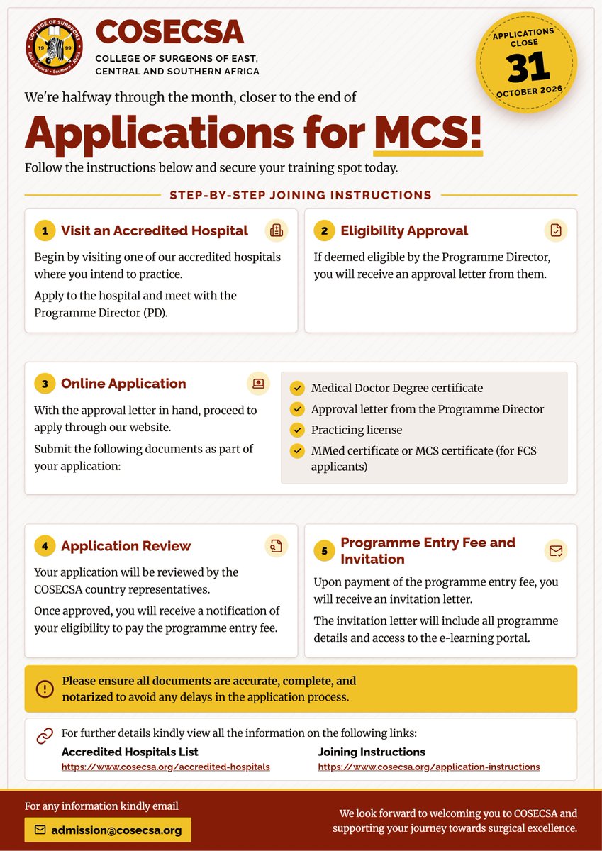 cosecsa's tweet photo. Applications for MCS close on 31 October 2026. If you're a medical doctor ready to start your training with COSECSA, we invite you to apply.
Joining instructions: https://t.co/79f0lxvVJt
Accredited hospitals: https://t.co/4eGqXIPKns
#COSECSA #COSECSA2026 #MCS #Globalsurgery https://t.co/oXosOYHybN