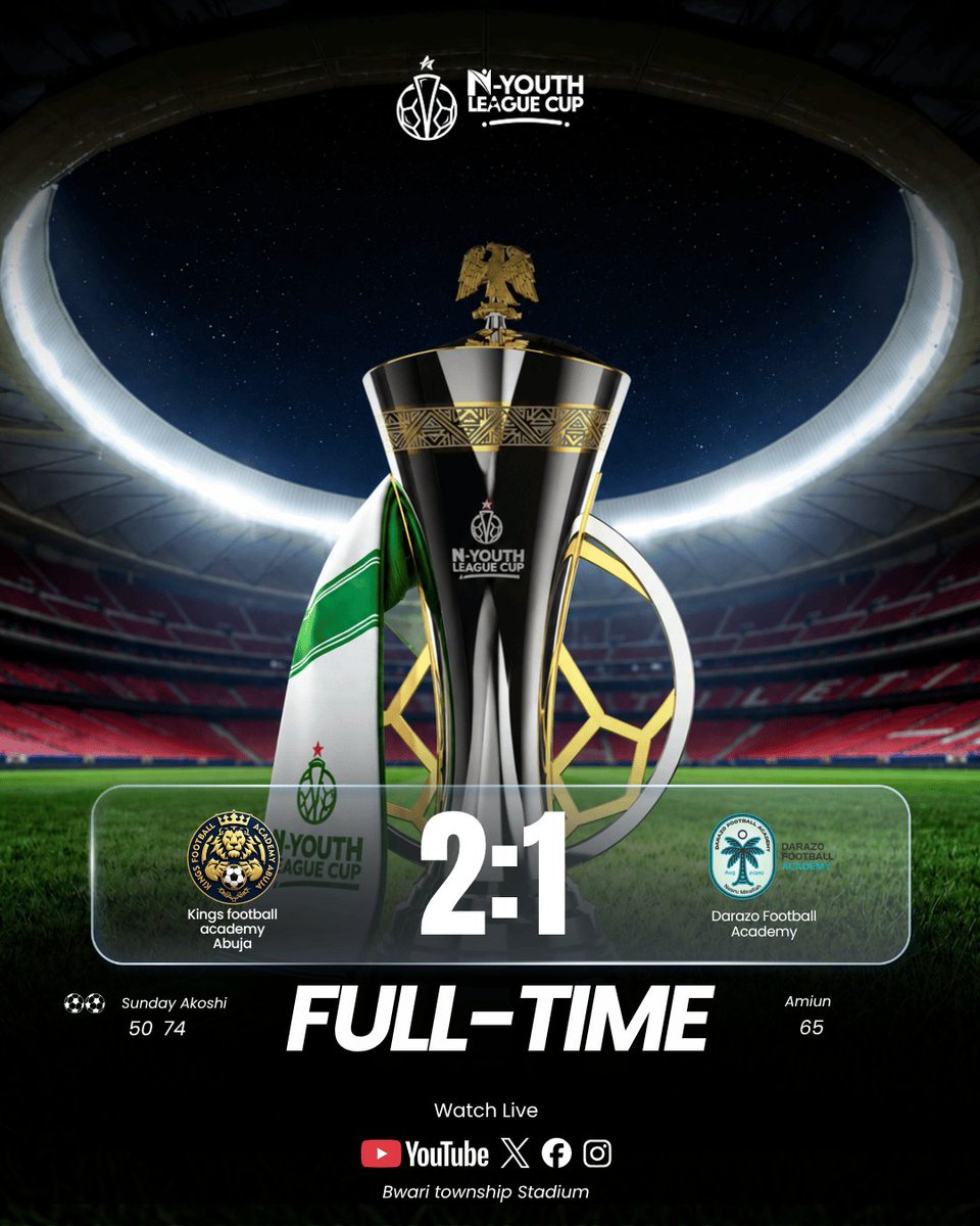 n_ylcup's tweet photo. FULL-TIME!! 

Kings FA 2-1 Darazo FA

Kings FA take the win after an intense contest against Darazo FA in the N-Youth League Cup!

Another matchday, another display of determination and young football talent.

#NYLC #NYouthLeagueCup #YouthFootball #NigerianFootball https://t.co/CJdqsCP3a2