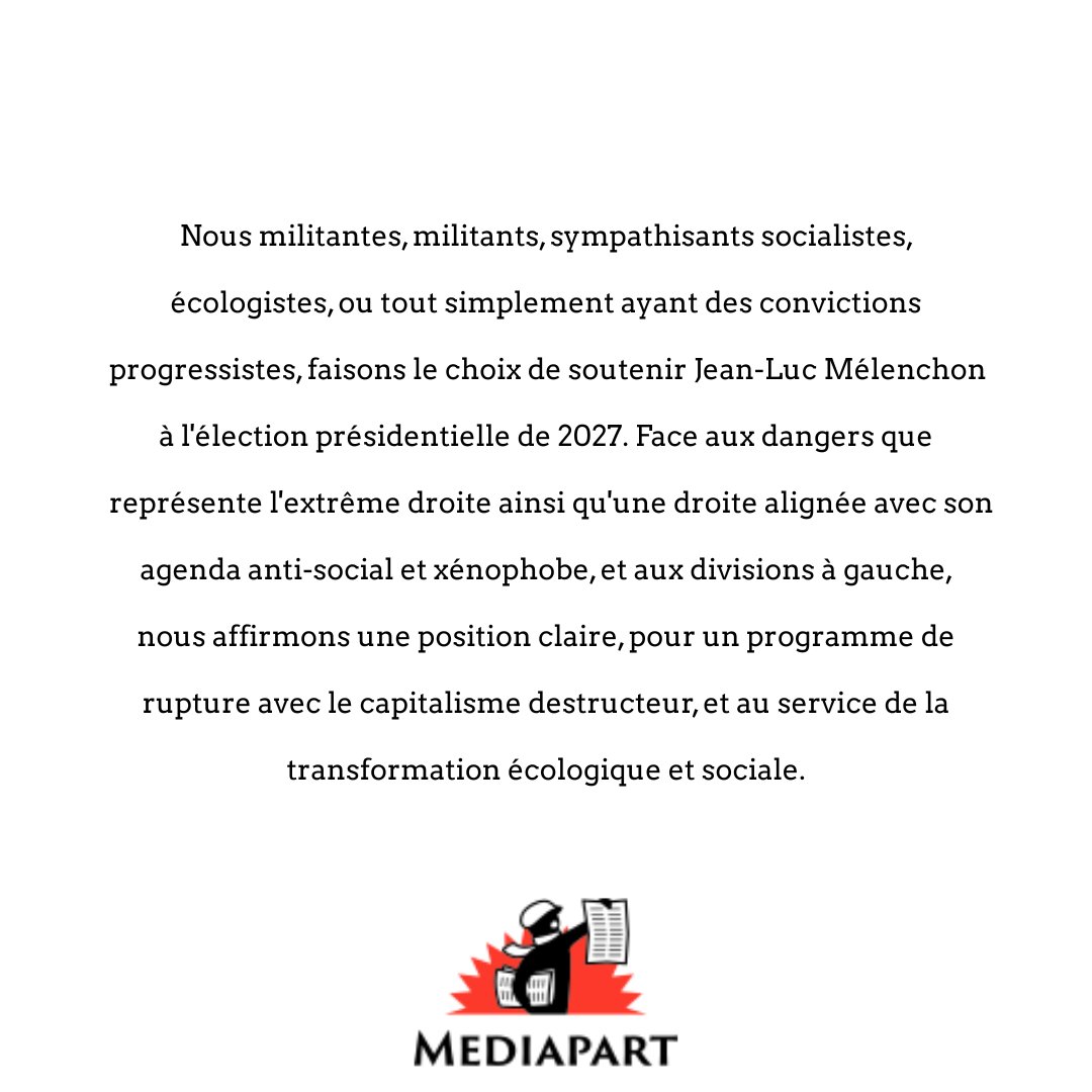 SocAvecJLM2027's tweet photo. Tribune - Pour que la gauche gagne en 2027
À l’approche de l’élection présidentielle 2027, nous, militantes et militants du parti socialiste, des écologistes ou progressistes appelons à dépasser les divisions et à se rassembler autour de la candidature de Jean-Luc Mélenchon. https://t.co/LRMNFD64IE
