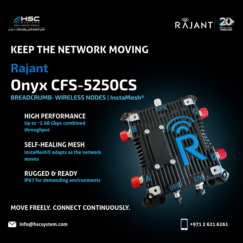 HSCSystem's tweet photo. Keep the network moving. Rajant Onyx CFS-5250CS delivers high-speed, self-healing connectivity for dynamic operations.

#HSCS 
#forasaferworld #uae #abudhabi #dubai #digitaltransformation
#Rajant #Onyx #CFS5250CS 
#InstaMesh #MeshNetworking 
#ملتزمون_ياوطن
#نتصدر_المشهد https://t.co/tRLpKx74xt