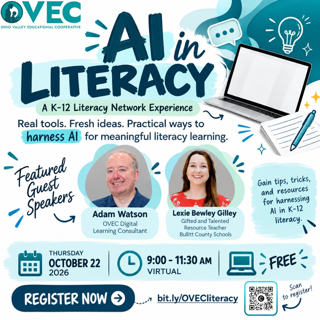 OVECkyed's tweet photo. How can we harness AI to get students reading, writing, and thinking critically? 🤖✏️ Adam Watson and Lexie Bewley Gilley will share practical tools, tips, and resources you can put to work in your K–12 classroom.
💻 Virtual &amp; FREE!
Register here: https://t.co/0JLnRN1TqW https://t.co/TD817APpha