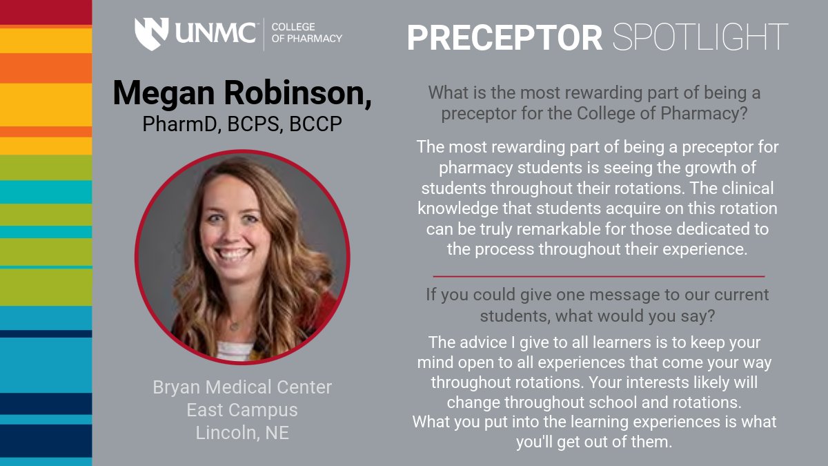 UnmcCop's tweet photo. ✨ Preceptor Spotlight Series ✨

Each quarter, we’re highlighting some of our amazing UNMC pharmacy preceptors nominated by our students--meet Andrea!

Interested in becoming a preceptor for The College of Pharmacy? Send us an email at copexperiential@unmc.edu. https://t.co/p0rUaHiycW