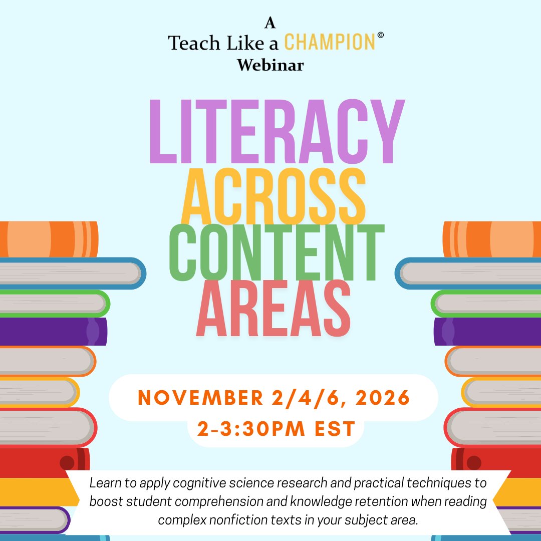 TeachLikeAChamp's tweet photo. Back by popular demand! 📖 Don't miss your opportunity to register for our Literacy Across Content Areas webinar.

Practical cognitive science tools for gr 3–12 science, history, and other content teachers to boost nonfiction reading and writing.

🔗 https://t.co/lkXBRrIMW1 https://t.co/SaNdSrxTlX