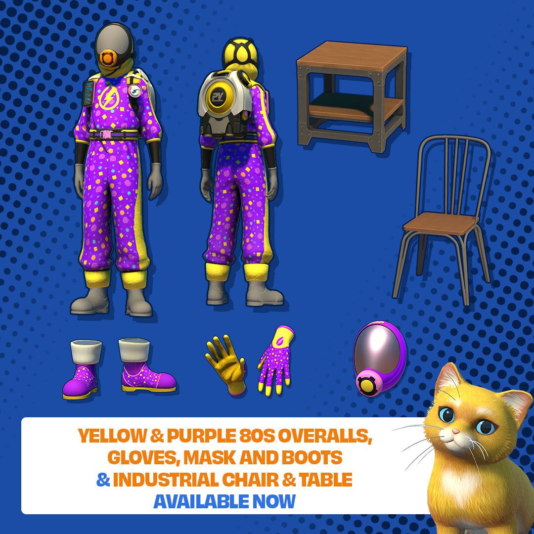 PowerWashSim's tweet photo. Your in-game store has new items!📢

Refresh your wardrobe with the Yellow &amp; Purple 80s Outfit and discover the new additions to the Industrial furniture set💦 https://t.co/c6Ho1gEWYo
