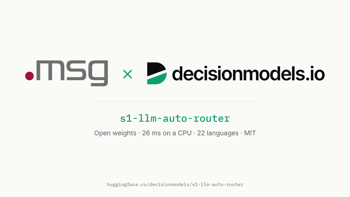 decisionmodels_'s tweet photo. We're releasing s1-llm-auto-router as open weights: 

A small decision model that reads a request and picks the right LLM for it.

▸ 26 ms on a CPU, 22 languages, MIT license
▸ Our first use-case-specific decision model, from  https://t.co/VklNqP0jeV and Bittensor Subnet 92 (REAX)
▸ The best of the decision models we tested for this use case.
▸Now live on https://t.co/VklNqP0jeV.

We're also announcing a joint project with msg group: 

msg will evaluate the model in an internal project to make its use of LLMs more efficient. msg is one of Germany's top 5 IT consultancies (€1.5B revenue, 10,000+ employees).

Thank you, Dr. Ralf S. Engelschall (@engelschall), CTO of msg and one of the founding members of the Apache Software Foundation.

We believe use-case-specific decision models will become a huge market. More from us soon.

https://t.co/6UE8FaVQwW