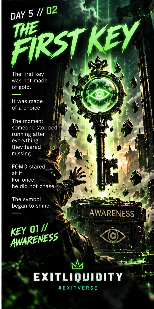 WHOisWhoCoin's tweet photo. EXITVERSE FILE 014 // THE FIRST KEY

The first key was not made of gold.

It was made of a choice.

The moment someone stopped running after everything they feared missing.

FOMO stared at it.

For once, he did not chase.

The symbol began to shine.

KEY 01 // AWARENESS

#Exitverse