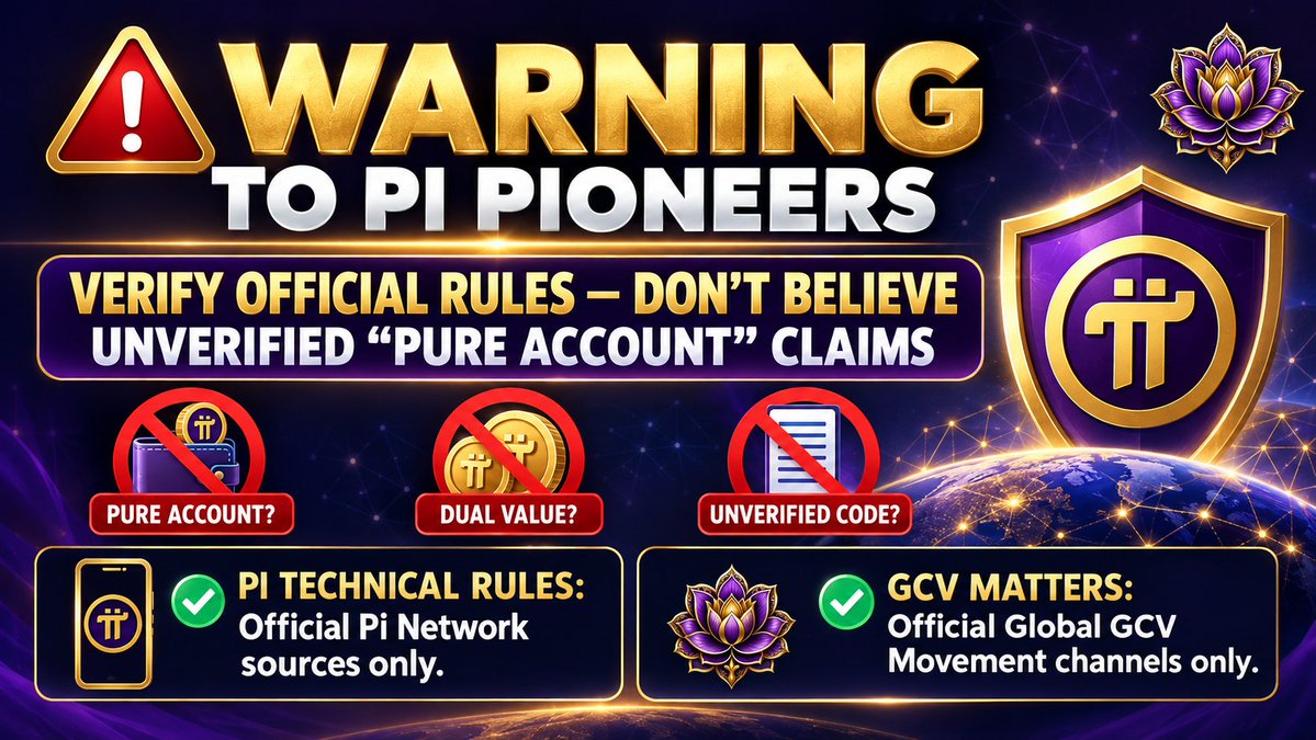 dorisyincpa's tweet photo. OFFICIAL WARNING TO ALL PI PIONEERS

Stop Spreading the False “Pi Purity Account” "Duel-Value " Claims!

I want to make my position absolutely clear regarding the misleading claim that buying Pi from an exchange and transferring it to your own Pi wallet will cause your account to be labeled “impure” and may even result in your account being banned.

This claim is creating unnecessary fear among pioneers and discouraging people from purchasing Pi through exchanges.

Many pioneers who are unfamiliar with blockchain technology have believed this claim to be true. As a result, they are afraid to buy Pi from exchanges because they worry that their accounts will be flagged or banned.

Let me share my own experience. I have personally purchased Pi several times through exchanges and transferred it to my own wallet, where I subsequently locked up my Pi. I am certainly not the only one. Many other pioneers have done the same.

So, where is the evidence that purchasing Pi from an exchange automatically makes your wallet “impure” or puts your account at risk of being banned?

Do not confuse self-written code with official Pi Network rules!

Anyone can write or modify a piece of code. With today's AI tools, including ChatGPT, generating sample code is easier than ever. Someone can create a field called “isPurePiHolder” or write code that appears to track a so-called “Pi purity badge.” But simply writing such code does not mean that Pi Network has adopted it, implemented it on the blockchain, or authorized anyone to use it to classify pioneers' accounts.

Technical rules concerning Pi Network must come from official Pi Network sources—not from unverified code, screenshots, or claims made by individuals.

I strongly urge all pioneers to study carefully, think independently, and verify information before accepting it as fact. Do not blindly follow what others say. Do not allow fear and misinformation to dictate your decisions.

Ask yourself: Does this claim have an official source? Is there verifiable technical evidence? Has Pi Network officially announced such a rule?

If not, do not treat it as an established fact!

Finally, let me clarify two important points:

- For Pi Network technical matters: Follow official Pi Network announcements and verified technical documentation.
- For GCV Movement matters: Follow official information released by the Global GCV Movement through its authorized channels.

No individual should invent rules, misrepresent technical concepts, or spread unverified claims in the name of Pi Network or GCV.

Pioneers, please wake up to the importance of independent thinking. Learn to distinguish official rules from self-written code, verified facts from rumors, and genuine education from fear-based misinformation.

Do not let anyone mislead you into believing something simply because it looks technical.

Verify first. Think independently. Follow official sources. Never blindly believe rumors!

🌍🪷 DORIS YIN 🪷🌍

FOUNDER & CHAIRPERSON
GLOBAL GCV MOVEMENT

Education · Unity · Responsibility · Value

One Goal · One Vision · One GCV