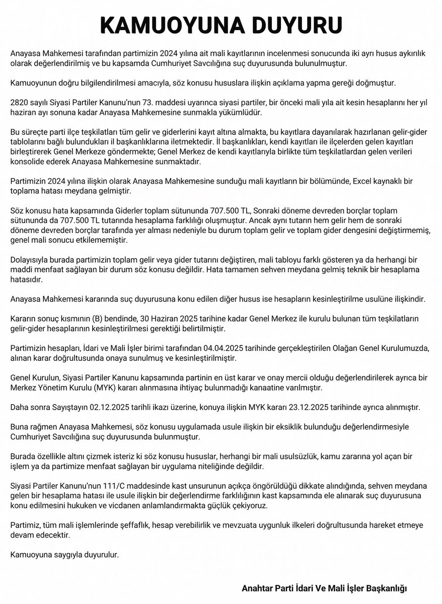 APidarivemali's tweet photo. Kamuoyunun doğru bilgilendirilmesi amacıyla, Anayasa Mahkemesinin 2024 yılı mali kayıtlarımıza ilişkin kararı hakkında açıklamamızdır. https://t.co/iJ94IGKPWe