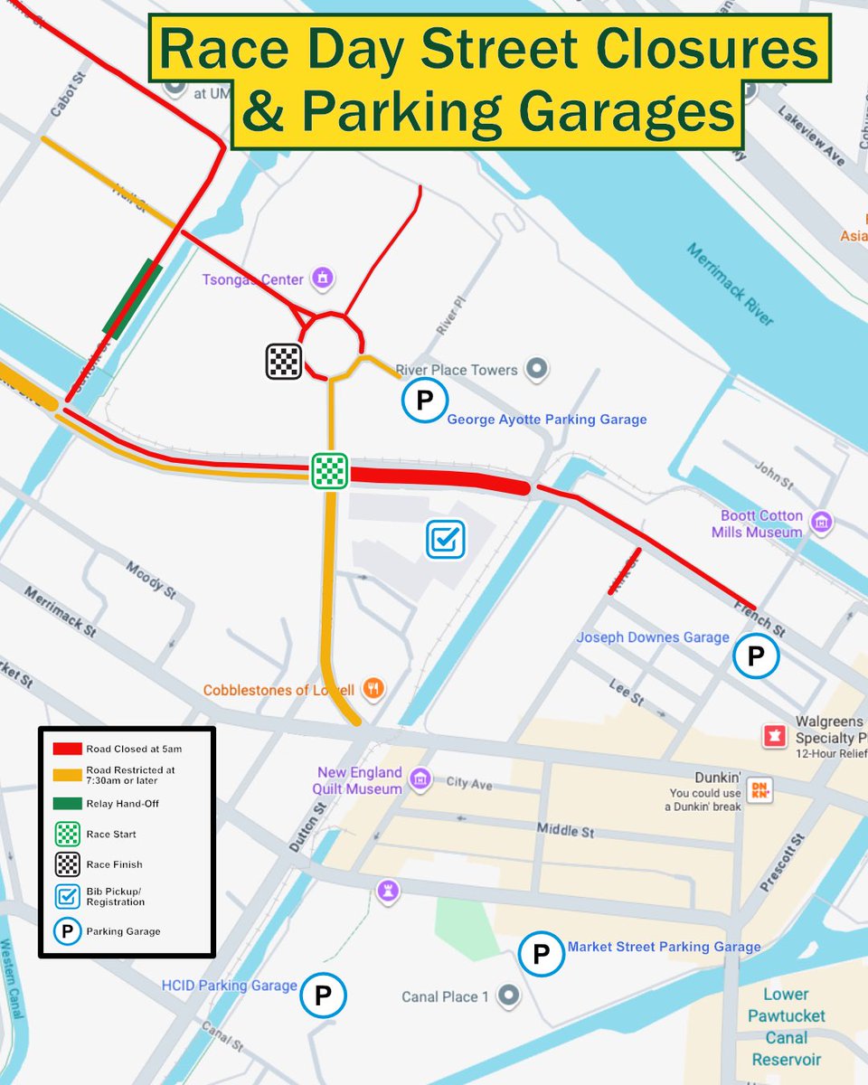 RunBaystate's tweet photo. Race Day Reminder! Check out our map for street closures, parking garages, the start/finish lines, and relay hand-off location.

🔴 Roads close at 5 AM
🟡 Restrictions begin at 7:30 AM or later

Save this post and plan ahead! 💚💛 #BaystateMarathon https://t.co/N918qinLRz