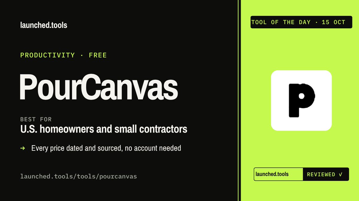 launchedtools's tweet photo. Tool of the Day: PourCanvas

Planning a patio but no idea what it'll cost?

PourCanvas offers 13 free patio and driveway calculators.

Best for: U.S. homeowners and DIYers
Standout: Dated, sourced 2026 prices

Reviewed ✓ and listed on our website ↓ https://t.co/HZIv9sQNCh