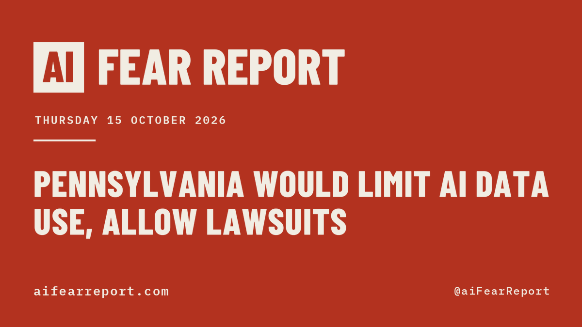 aiFearReport's tweet photo. Here is how your fear of AI is being used to centralize power today.

Pennsylvania would limit how companies may use a person's data to create artificial intelligence simulations, and would let that person sue over violations. Not passed. It cites the fear that AI is taking people's personal data.

11 measures in six jurisdictions cite the fear that AI makes scams easier to run.

2,250 measures tracked. 757 carry a control, and they would hand new power to 100 offices.