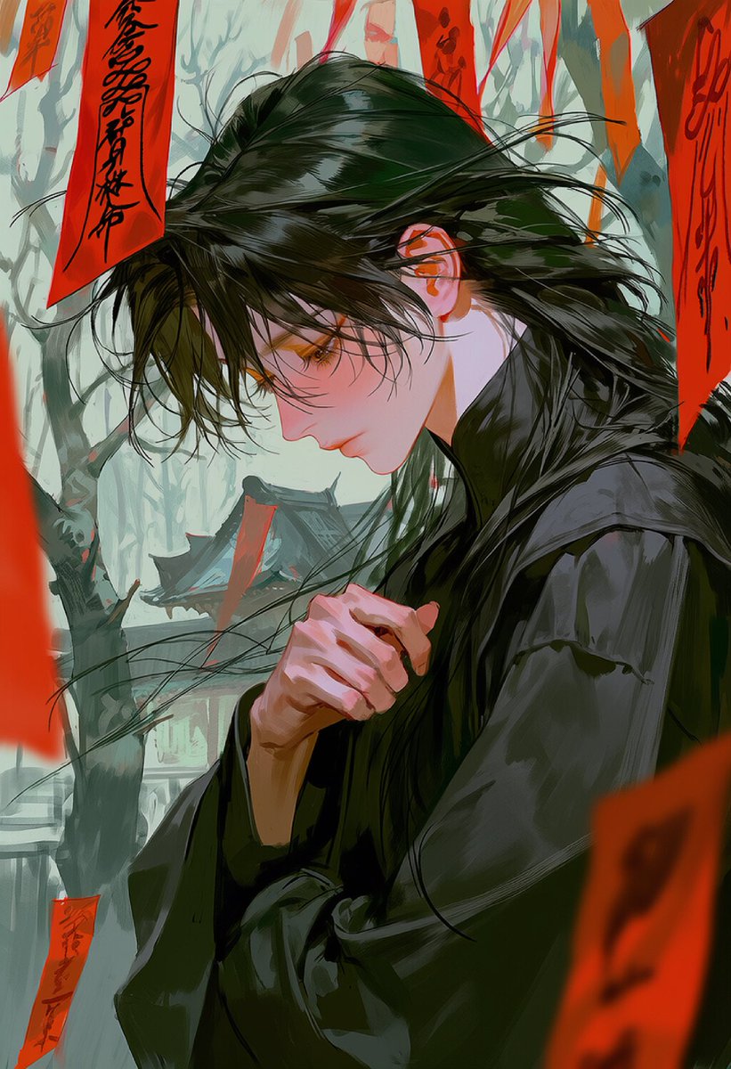 nd4gb's tweet photo. #Z9planet_prompt
*

⋆⁺₊⋆ ☀︎ ⋆⁺₊⋆

*
solo, upper body, side profile, facing left, head lowered, looking down, standing still, one hand resting near chest, black high-collared traditional robe, layered dark fabric, loose sleeves, surrounded by hanging red paper talismans, long red prayer strips with black calligraphy, bronze bells, red tassels, talismans dangling from above, foreground talismans partially framing character, old east asian shrine, blurred bare trees, overcast sky, muted gray-green background, dark red accents, soft diffused lighting, deep shadows, eerie mystical atmosphere, cinematic composition