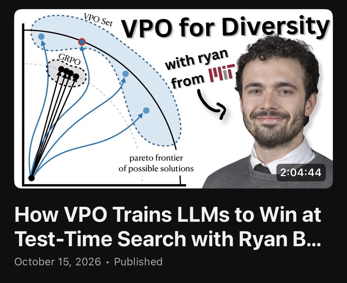yacinelearning's tweet photo. one elegant post-training method that caught my attention in 2026 is VPO who in a nutshell post-train the models to output diverse set of good answers.

in this 2h odyssey we cover:
- why diversity is important
- a magic trick
- reward shaping for exploration
- a top tier figure https://t.co/0VYKuQFo3T