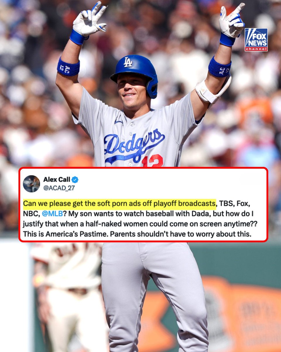 FoxNews's tweet photo. Dodgers star calls out MLB over racy playoff ads.

Outfielder Alex Call says parents shouldn't have to worry about revealing commercials featuring Sydney Sweeney while watching baseball with their children.

"My son wants to watch baseball with Dada," he writes, questioning how he's supposed to explain a "half-naked" woman suddenly appearing on screen.

Is Call raising a fair concern?