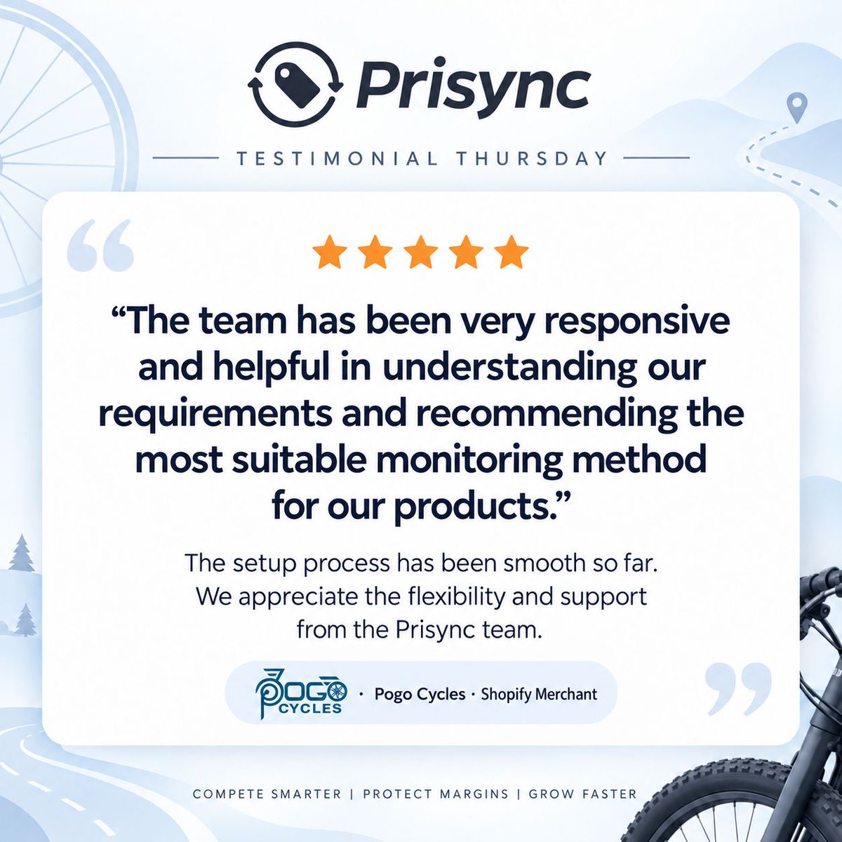 PrisyncCom's tweet photo. A smooth start makes all the difference. 🚲✨

Glad to be part of Pogo Cycles’ pricing journey as they scale. 🙂‍↔️ 

#TestimonialThursday https://t.co/T9IJPYUVxK
