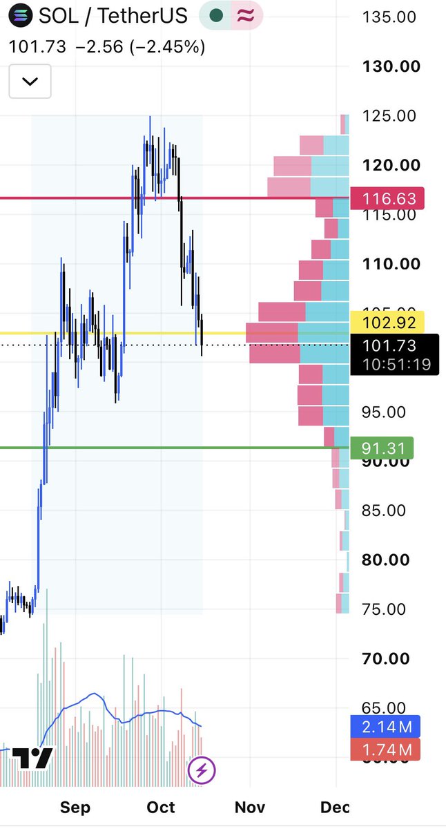 lavidatombolo's tweet photo. $SOL Volume Profile: Price at 101.73 sits just below the main high-volume node (~102.92)

Upper supply remains at 116.63; 91.31 is the next lower reference

 Acceptance above 103 opens the path toward 110–116; loss of 100 targets the LVN below https://t.co/MmdUUfbqcH