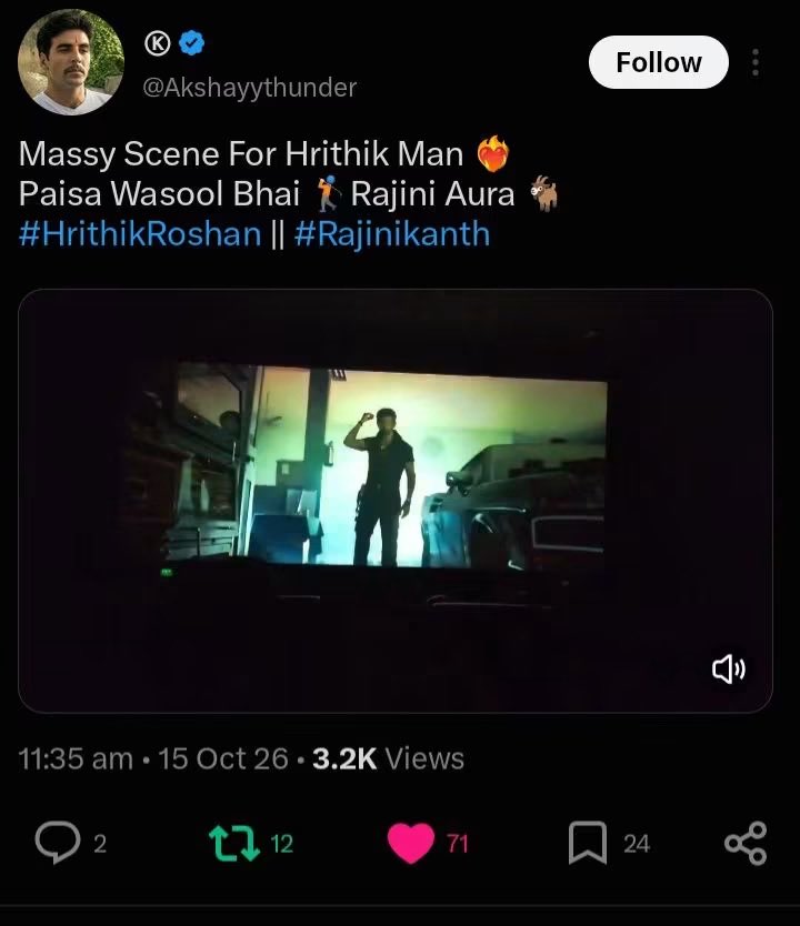 Recapverse1's tweet photo. Even Akshay Kumar Fans Loving The Cameo Of Greek God Hrithik Roshan in Jailer2 💥💥 #HrithikRoshan 

#Jailer2 #Rajnikanth

Follow @Recapverse1 https://t.co/e0cqGKzcJF