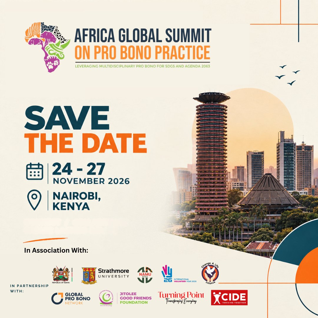 TPointMagazine's tweet photo. Turning Point Magazine proudly supports the Africa Global Summit on Pro Bono Practice, 24–27 November 2026 in Nairobi, Kenya.
Under the theme “Leveraging Multidisciplinary Pro Bono for SDGs and Agenda 2063,” the summit advances justice, volunteerism, sustainable development. https://t.co/ChsmeRGar6