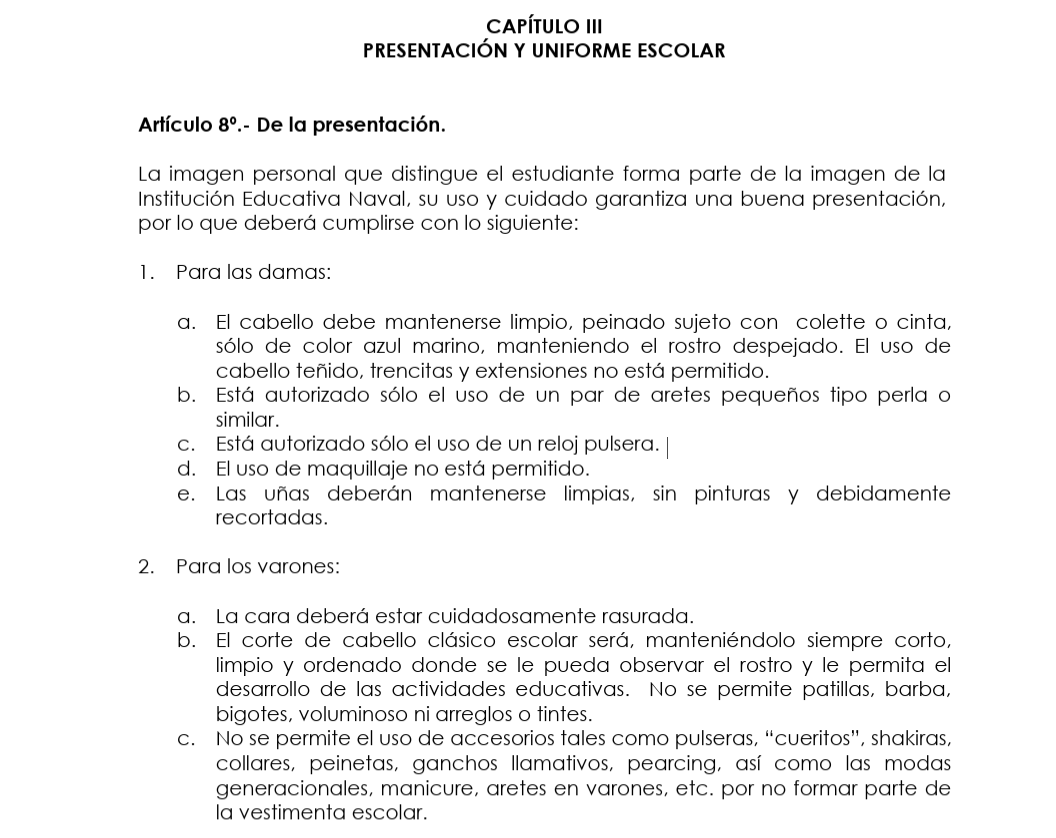TuiterDeResumen's tweet photo. En los colegios navales del Perú, la norma prohibe a las alumnas ir maquilladas y con uñas pintadas; y los alumnos, ir con el pelo largo. Eso, lamentablemente, no evitó el reciente caso de abuso y (ahora se sabe) otros caso en el pasado. Información para un debate serio. https://t.co/uMTULj7Yng