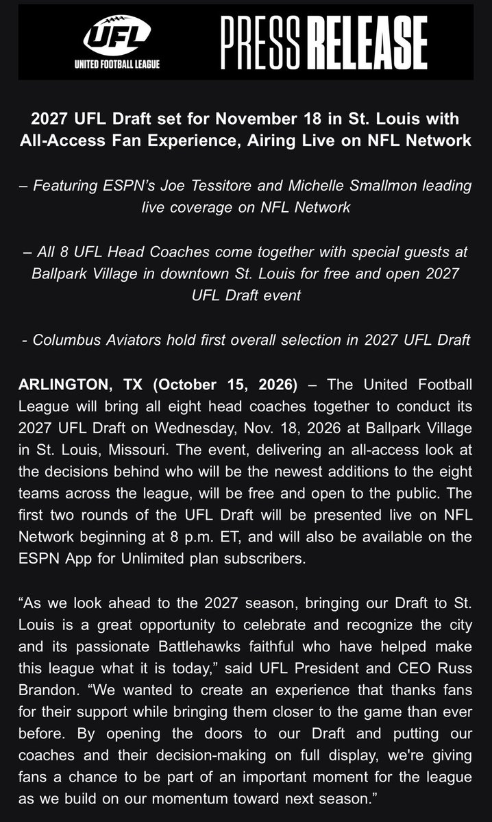 ByAnthonyMiller's tweet photo. Here is the press release from the UFL regarding the Draft next month. Columbus Aviators are on the clock as the first overall pick. #UFL https://t.co/mzCgC0yAdB