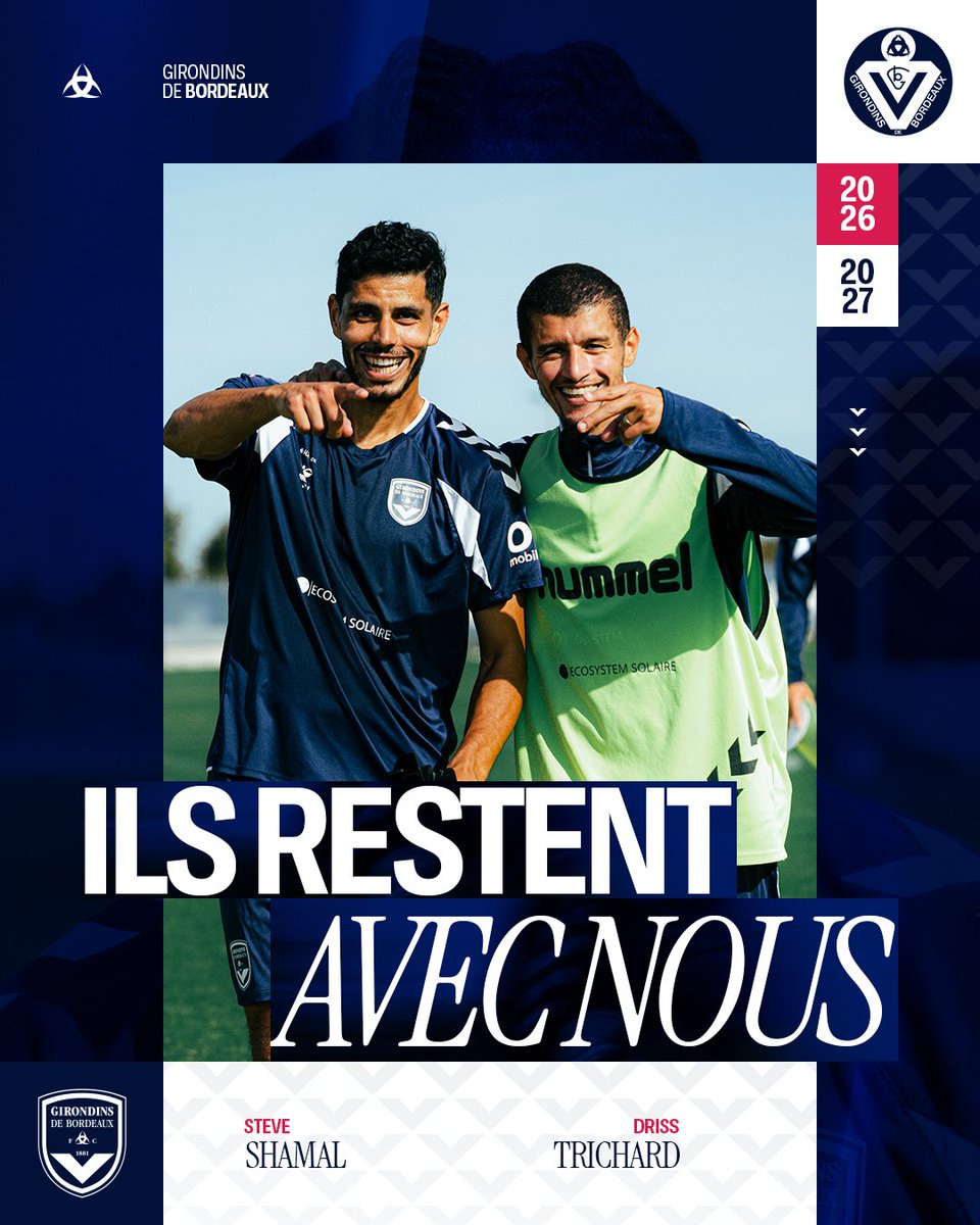 girondins's tweet photo. 𝐼𝑙𝑠 𝑟𝑒𝑠𝑡𝑒𝑛𝑡 𝑎𝑣𝑒𝑐 𝑛𝑜𝑢𝑠 💙🤍

Six joueurs présents lors du précédent exercice continueront de défendre les couleurs des Girondins de Bordeaux en 2026/2027. Soufiane Bahassa, Nadjib Cissé, Ruben Droehnlé, Léo Jousselin, Steve Shamal et Driss Trichard poursuivent officiellement leur aventure sous le maillot Marine et Blanc.

Nous sommes heureux de pouvoir compter sur eux et nous tenons à les remercier pour leur confiance, leur fidélité et leur attachement aux Girondins.

#AllezBordeaux