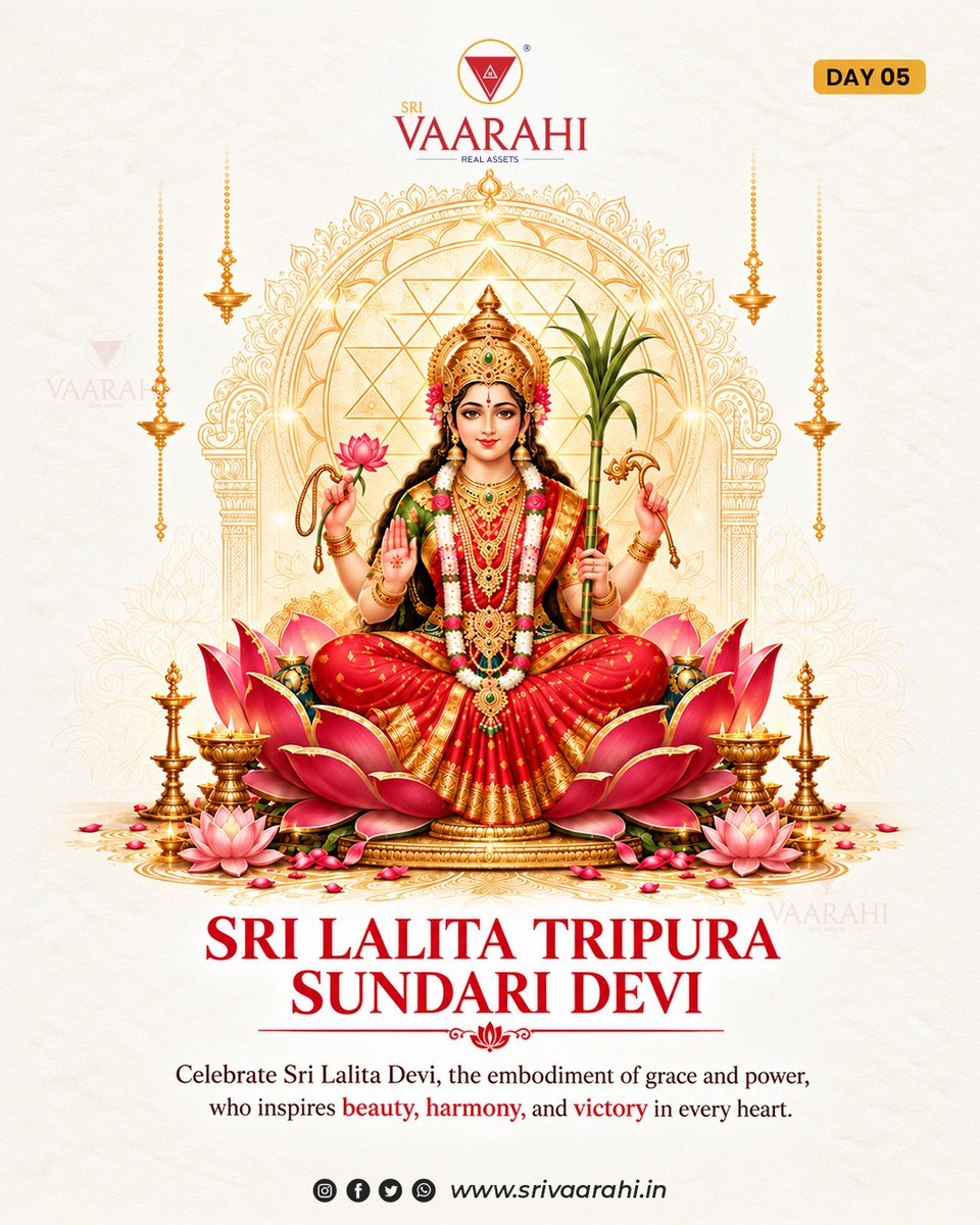 Sri_Varahi_'s tweet photo. Day 5 🌸 Sri Lalita Tripura Sundari Devi — beauty, grace and victory across all three worlds. May her lotus energy bring harmony and quiet peace into your home and heart this Navratri 🙏✨ | Sri Vaarahi Real Assets | https://t.co/q7VJy4GDRj https://t.co/9KXC3MAJjs