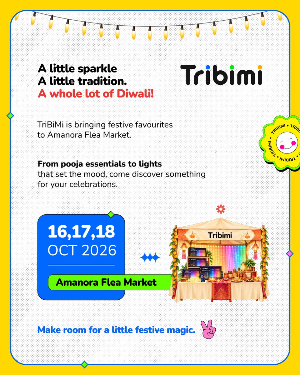 tribimi_'s tweet photo. 💛 TriBiMi is coming to Amanora Flea Market! 🛍️✨

From pooja essentials to dazzling lights, discover your festive favourites and make your celebrations extra special! 🌟🎁

Date: 16th, 17th &amp; 18th October 2026
📍 Amanora Flea Market

#diwali2026 #amanorafleamarket #tribimi https://t.co/AmPSCZ5Dyc