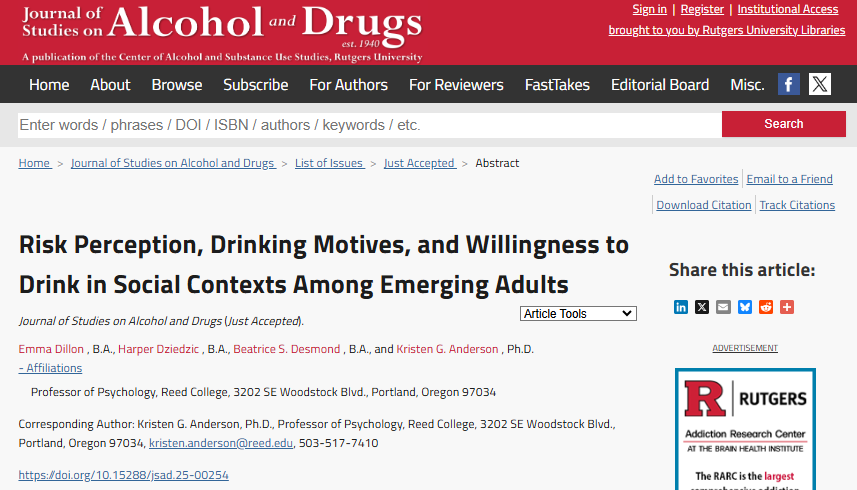 JSADJournal's tweet photo. Risk Perception, Drinking Motives, and Willingness to Drink in Social Contexts Among Emerging Adults (new in @JSADjournal)

by Emma Dillon, Harper Dziedzic, Beatrice S. Desmond, and Kristen G. Anderson

@Reed_College_

https://t.co/THZNvKGZOj https://t.co/krn6NVajTU