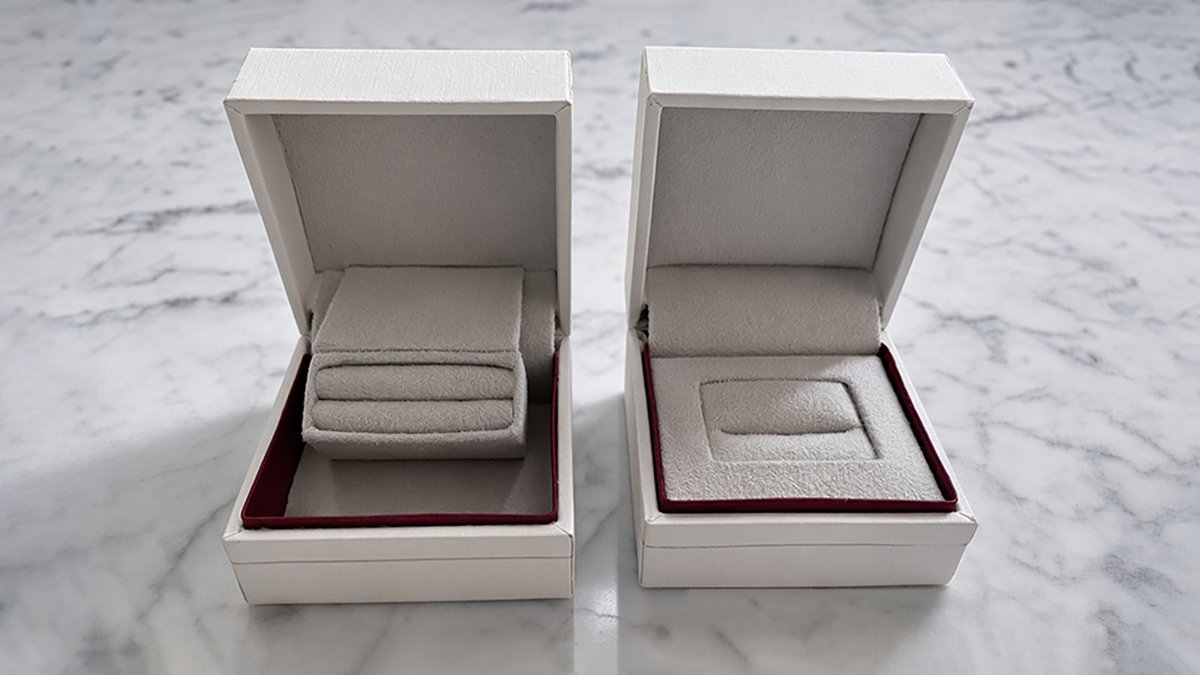 KargoPackaging's tweet photo. The brief: an engagement ring box small enough to hide in a pocket. We built two, a narrow one where the ring turns flat as the lid closes and a taller one where it sits upright, then tested both for size, fit and presentation. #JewelryPackaging https://t.co/sOj8D9KFbB